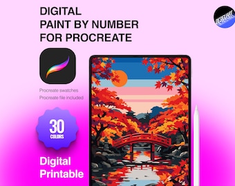 May include: A digital paint by number for Procreate featuring a landscape with a red bridge over a stream, surrounded by autumn trees and a sun. Text includes DIGITAL PAINT BY NUMBER FOR PROCREATE, 30 COLORS, and Digital Printable. A stylus is shown.