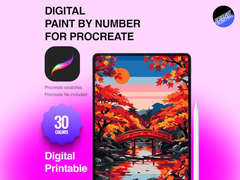 Japansk trädgård målarbok efter nummer, digital målarbild för Procreate och iPad bild 1