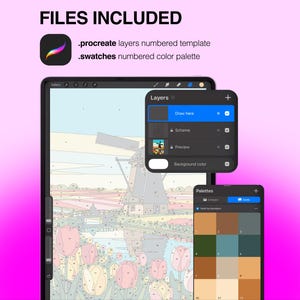 May include: A digital paint-by-number template for Procreate featuring a windmill and tulip field scene. The interface displays a layers panel with numbered sections and a color palette window. Text includes FILES INCLUDED, .procreate layers numbered template, .swatches numbered color palette, Draw here, Scheme, Preview, Background color, and Palettes.