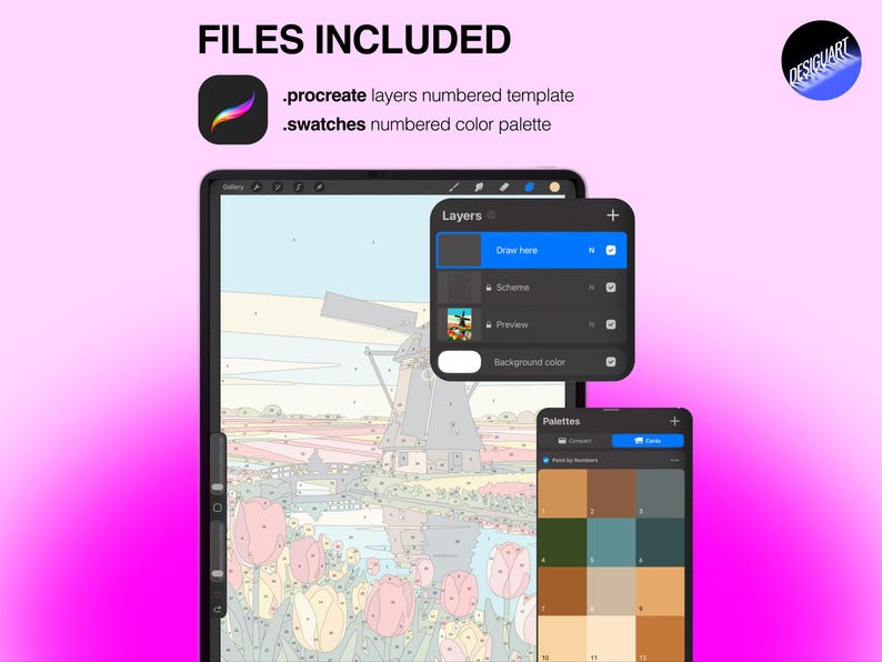 May include: A digital paint-by-number template for Procreate featuring a windmill and tulip field scene. The interface displays a layers panel with numbered sections and a color palette window. Text includes FILES INCLUDED, .procreate layers numbered template, .swatches numbered color palette, Draw here, Scheme, Preview, Background color, and Palettes.