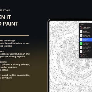 May include: A digital tablet displaying a Procreate interface with a paint-by-number line art design. The screen shows a layers panel with options like Paper Texture, Scheme, Draw here, and Preview. Text instructions explain the painting process.