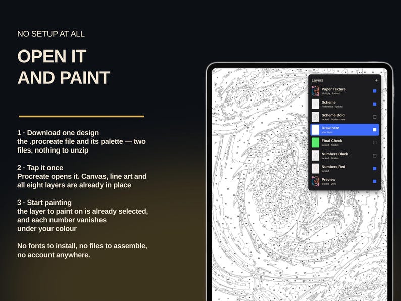 May include: A digital tablet displaying a Procreate interface with a paint-by-number line art design. The screen shows a layers panel with options like Paper Texture, Scheme, Draw here, and Preview. Text instructions explain the painting process.