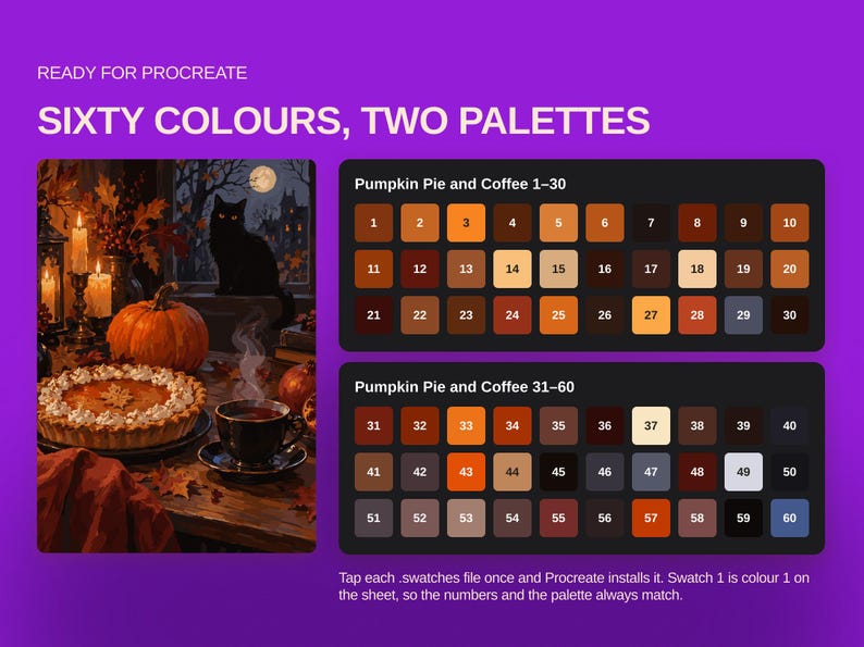 May include: A digital color palette set for Procreate titled Sixty Colours, Two Palettes. It features an illustration of a pumpkin pie, coffee, and a black cat, alongside two rectangular grids containing sixty numbered color swatches in autumn tones.