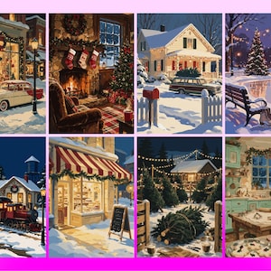May include: A collection of eight digital illustrations depicting winter holiday scenes, including a snowy street with a vintage car, a cozy fireplace with stockings, a house with a mailbox, an ice rink, a train, a shop, a tree lot, and a kitchen.