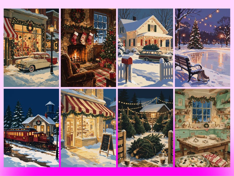 May include: A collection of eight digital illustrations depicting winter holiday scenes, including a snowy street with a vintage car, a cozy fireplace with stockings, a house with a mailbox, an ice rink, a train, a shop, a tree lot, and a kitchen.