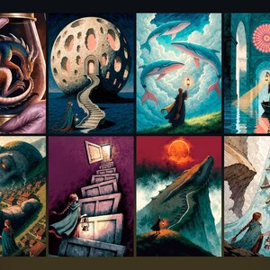 May include: A collection of eight fantasy illustrations featuring a person in a blue cloak holding a lantern, a dragon in a glass jar, a moon-shaped structure, whales in the sky, a boat in a cathedral, a giant face, floating doors, and ships.