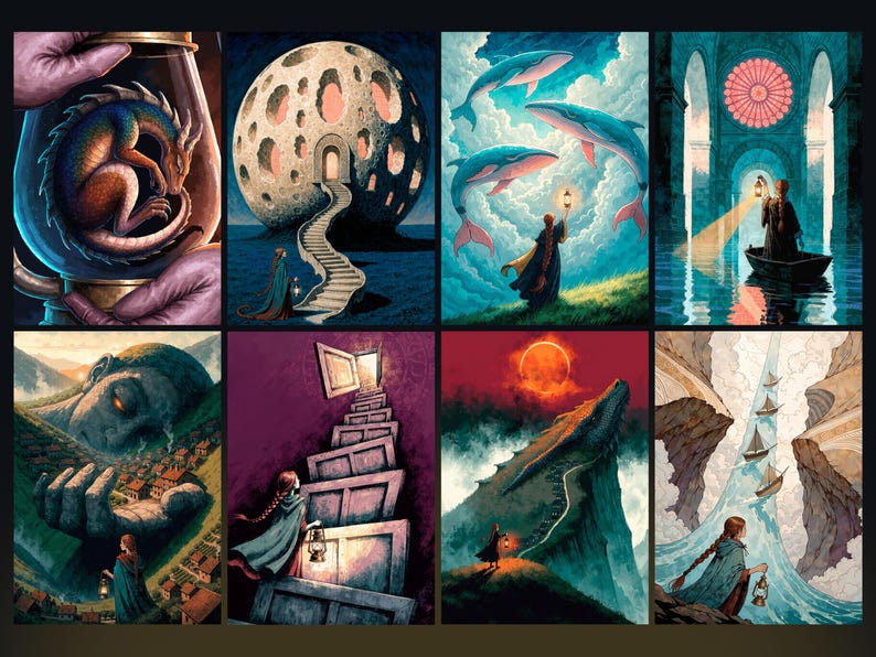 May include: A collection of eight fantasy illustrations featuring a person in a blue cloak holding a lantern, a dragon in a glass jar, a moon-shaped structure, whales in the sky, a boat in a cathedral, a giant face, floating doors, and ships.