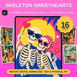 May include: A digital product display titled SKELETON SWEETHEARTS featuring 16 designs of skeletons in various romantic scenes. The central image shows two skeletons wearing heart-shaped sunglasses against a yellow sun and pink background.