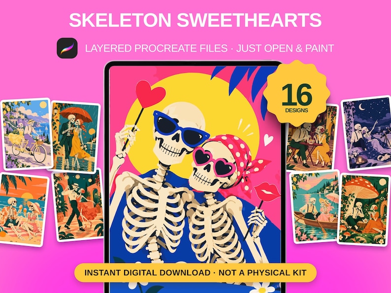 May include: A digital product display titled SKELETON SWEETHEARTS featuring 16 designs of skeletons in various romantic scenes. The central image shows two skeletons wearing heart-shaped sunglasses against a yellow sun and pink background.