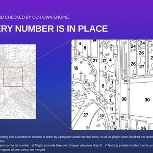 May include: A paint-by-numbers template featuring black outlines and numerical labels on a white background. The text reads: BUILT AND CHECKED BY OUR OWN ENGINE, EVERY NUMBER IS IN PLACE, and details about the program and printing rules.