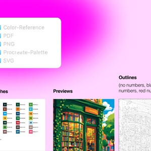 May include: A digital file set featuring a color reference, PDF, PNG, Procreate palette, and SVG. Includes a numbered color swatch chart, a full-color preview of a bookstore illustration, and a line art outline for a paint-by-number project.