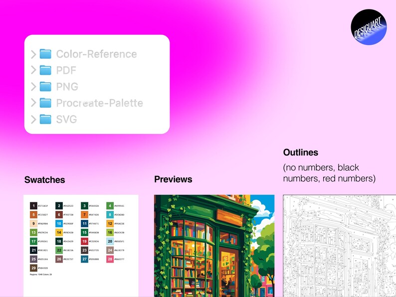 May include: A digital file set featuring a color reference, PDF, PNG, Procreate palette, and SVG. Includes a numbered color swatch chart, a full-color preview of a bookstore illustration, and a line art outline for a paint-by-number project.