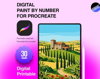 May include: A digital paint by number set for Procreate featuring a tablet displaying a landscape illustration of a stone house, cypress trees, and rolling hills. The graphic includes the text "DIGITAL PAINT BY NUMBER FOR PROCREATE", "30 COLORS", and "Digital Printable" with a Procreate app icon and a white stylus.
