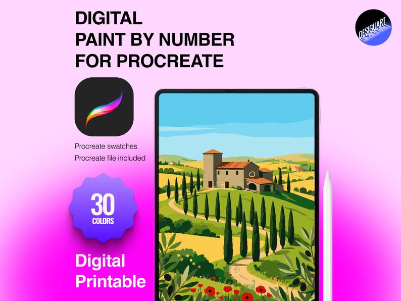 K&ouml;nnte beinhalten: Ein digitales Malen-nach-Zahlen-Set f&uuml;r Procreate mit einem Tablet, das eine Landschaftsillustration eines Steinhauses, Zypressen und H&uuml;geln zeigt. Die Grafik enth&auml;lt den Text "DIGITAL PAINT BY NUMBER FOR PROCREATE", "30 COLORS", "Digital Printable", ein Procreate-App-Symbol und einen wei&szlig;en Eingabestift.