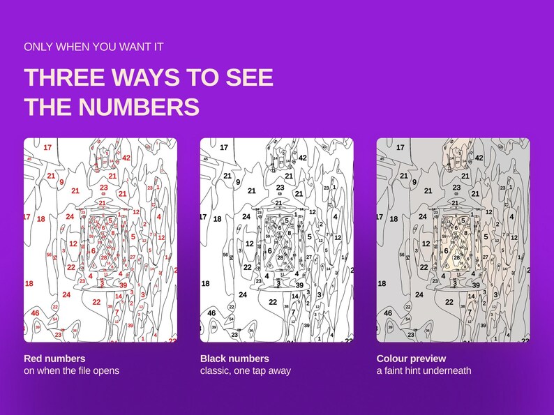 May include: A digital graphic on a purple background titled ONLY WHEN YOU WANT IT THREE WAYS TO SEE THE NUMBERS. It displays three versions of a paint-by-number lantern design: one with red numbers, one with black numbers, and one with a faint colour preview.