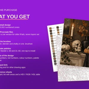 May include: A digital painting kit featuring a still life of a skull, pumpkins, and a candle on a mantelpiece. The set includes a numbered color guide, a line art template, and text listing contents like Procreate files, brushes, and color palettes.