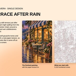 May include: A paint-by-numbers kit titled Terrace After Rain, featuring a finished painting of a cafe terrace with blue and white striped awnings, wicker chairs, and wet cobblestones, alongside a canvas with 5,319 numbered zones for painting.