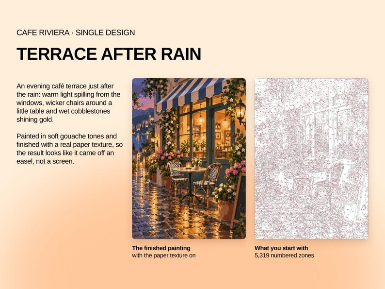May include: A paint-by-numbers kit titled Terrace After Rain, featuring a finished painting of a cafe terrace with blue and white striped awnings, wicker chairs, and wet cobblestones, alongside a canvas with 5,319 numbered zones for painting.