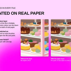 May include: A digital file display featuring the text INCLUDED IN EVERY FILE PAINTED ON REAL PAPER. It shows two side-by-side illustrations of a bakery display case filled with cakes and pastries, comparing flat digital color to paper texture.