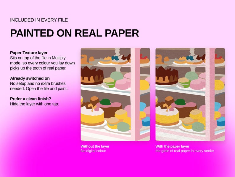 May include: A digital file display featuring the text INCLUDED IN EVERY FILE PAINTED ON REAL PAPER. It shows two side-by-side illustrations of a bakery display case filled with cakes and pastries, comparing flat digital color to paper texture.