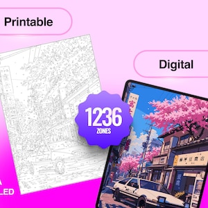 May include: A digital and printable coloring page set featuring a detailed Japanese street scene with cherry blossoms, a car, and buildings. The image includes a purple badge with the text 1236 ZONES, along with the labels Printable, Digital, and EXTRA DETAILED.