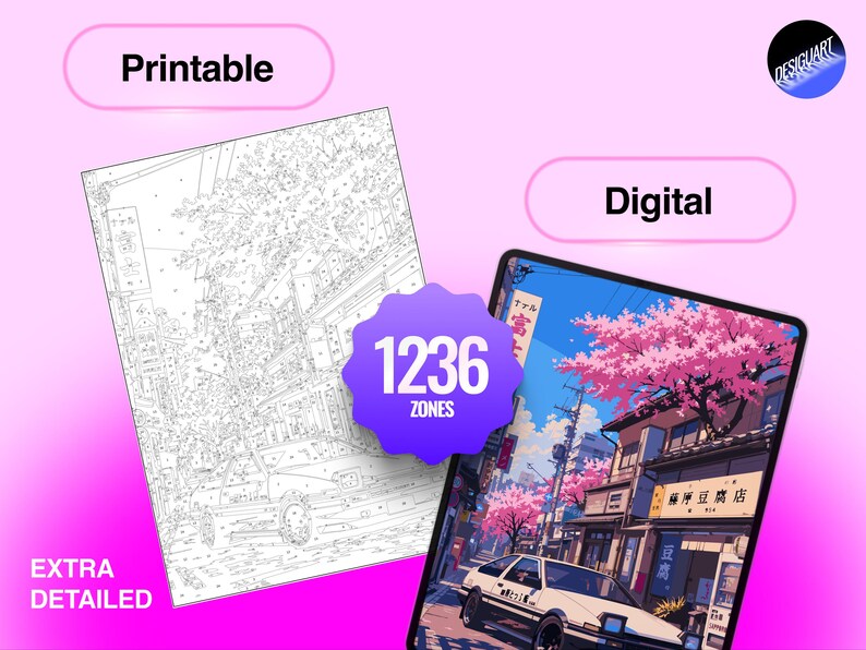May include: A digital and printable coloring page set featuring a detailed Japanese street scene with cherry blossoms, a car, and buildings. The image includes a purple badge with the text 1236 ZONES, along with the labels Printable, Digital, and EXTRA DETAILED.