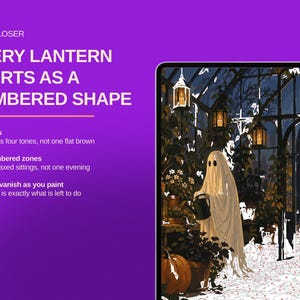 May include: A digital paint-by-number kit featuring a ghost in a greenhouse at night. Text reads: LOOK CLOSER, EVERY LANTERN STARTS AS A NUMBERED SHAPE, 60 colours, a shadow is four tones, not one flat brown, 2,621 numbered zones, Numbers vanish as you paint.