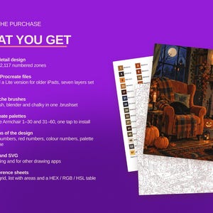 May include: A digital painting kit for Procreate featuring a cozy fireside armchair scene with pumpkins and a cat. The set includes a high-detail design with 60 colors, 2,117 numbered zones, two Procreate files, four gouache brushes, and color reference sheets.