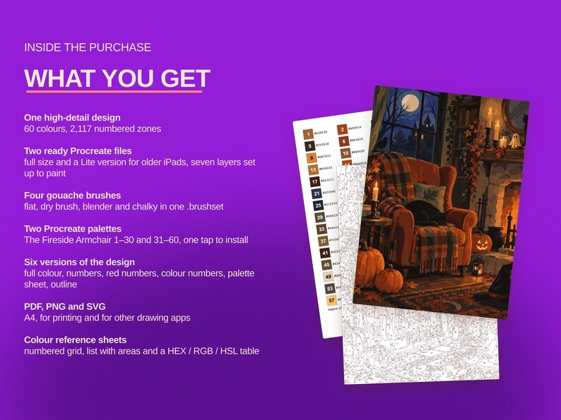May include: A digital painting kit for Procreate featuring a cozy fireside armchair scene with pumpkins and a cat. The set includes a high-detail design with 60 colors, 2,117 numbered zones, two Procreate files, four gouache brushes, and color reference sheets.
