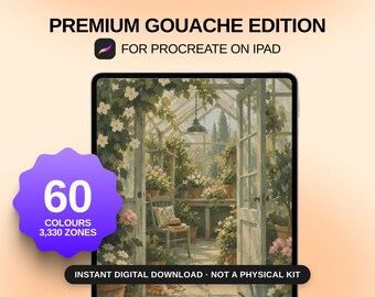 Puede incluir: Un set de arte digital titulado PREMIUM GOUACHE EDITION FOR PROCREATE ON IPAD con una ilustración de invernadero de 60 colores y 3.330 zonas. Una insignia morada en forma de estrella muestra la cantidad y una banda negra indica DESCARGA DIGITAL.