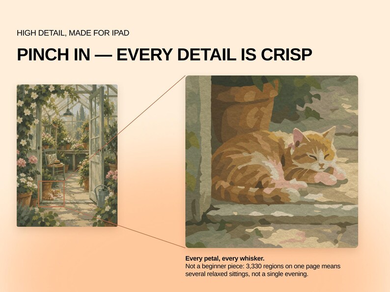 May include: A digital illustration of a greenhouse scene featuring a sleeping orange tabby cat, with text reading HIGH DETAIL, MADE FOR IPAD, PINCH IN &mdash; EVERY DETAIL IS CRISP, and Every petal, every whisker. Not a beginner piece: 3,330 regions.