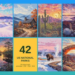 May include: A digital collection of 42 US National Parks illustrations featuring diverse landscapes like deserts, forests, and mountains. The central yellow panel displays the text 42 US NATIONAL PARKS, 30 colours each, procreate + PDF + PNG + SVG.