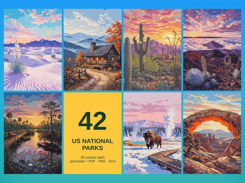 May include: A digital collection of 42 US National Parks illustrations featuring diverse landscapes like deserts, forests, and mountains. The central yellow panel displays the text 42 US NATIONAL PARKS, 30 colours each, procreate + PDF + PNG + SVG.