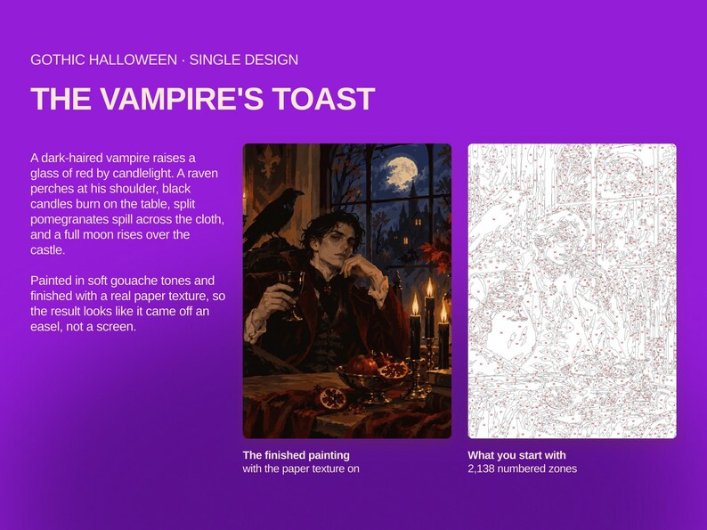 May include: A paint-by-number kit titled The Vampire's Toast featuring a dark-haired figure with a raven, a glass of red liquid, candles, and pomegranates. The set includes a finished painting example and a numbered outline with 2,138 zones.