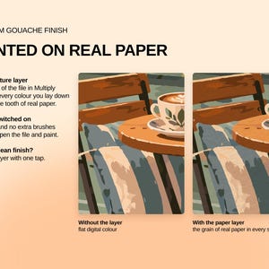 May include: A digital product display featuring the text PREMIUM GOUACHE FINISH PAINTED ON REAL PAPER. It shows two side-by-side illustrations of a coffee cup on a wooden table, comparing flat digital color to a version with a paper texture layer.