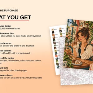 May include: A digital paint-by-number set featuring a barista illustration, including Procreate files, gouache brushes, color palettes, and reference sheets. The text lists contents like one high-detail design with 60 colors and 3,965 numbered zones, plus PDF, PNG, and SVG formats.