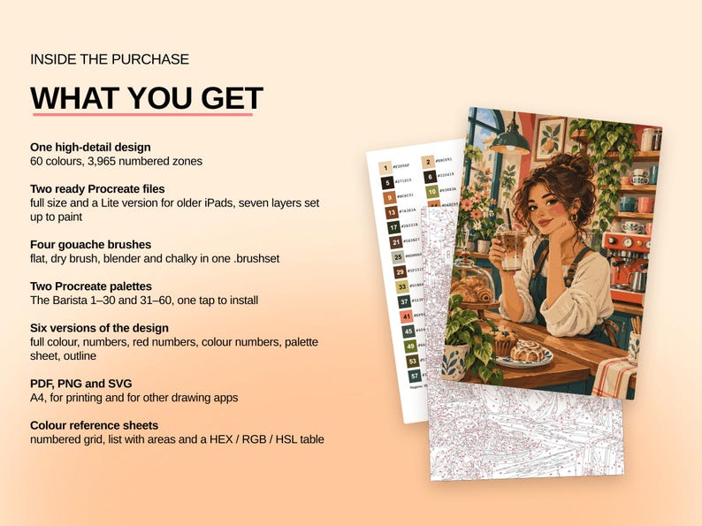 May include: A digital paint-by-number set featuring a barista illustration, including Procreate files, gouache brushes, color palettes, and reference sheets. The text lists contents like one high-detail design with 60 colors and 3,965 numbered zones, plus PDF, PNG, and SVG formats.