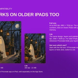 May include: A digital graphic on a purple background featuring two versions of a ghost in a greenhouse illustration. Text includes IPAD COMPATIBILITY, WORKS ON OLDER IPADS TOO, Full size, A4 at 600 dpi, 4961 x 7016 px, Lite, 300 dpi, 2480 x 3508 px.