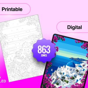 Puede incluir: Un set de pintura por n&uacute;meros con una hoja de arte lineal en blanco y negro imprimible y una tableta digital que muestra una escena de isla griega con c&uacute;pulas azules y flores rosas. Una insignia morada indica 863 zonas y extra detallado.