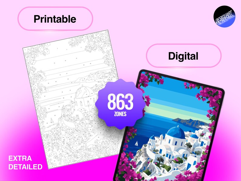 Puede incluir: Un set de pintura por n&uacute;meros con una hoja de arte lineal en blanco y negro imprimible y una tableta digital que muestra una escena de isla griega con c&uacute;pulas azules y flores rosas. Una insignia morada indica 863 zonas y extra detallado.