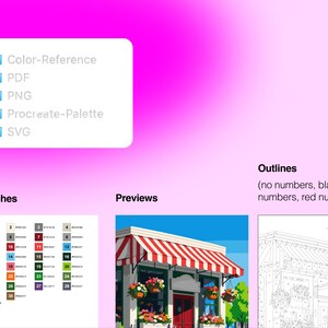 May include: A digital file set on a pink gradient background featuring a file list with Color-Reference, PDF, PNG, Procreate-Palette, and SVG folders. Below are color swatches, a preview of a shop with a red striped awning, and an outline drawing.