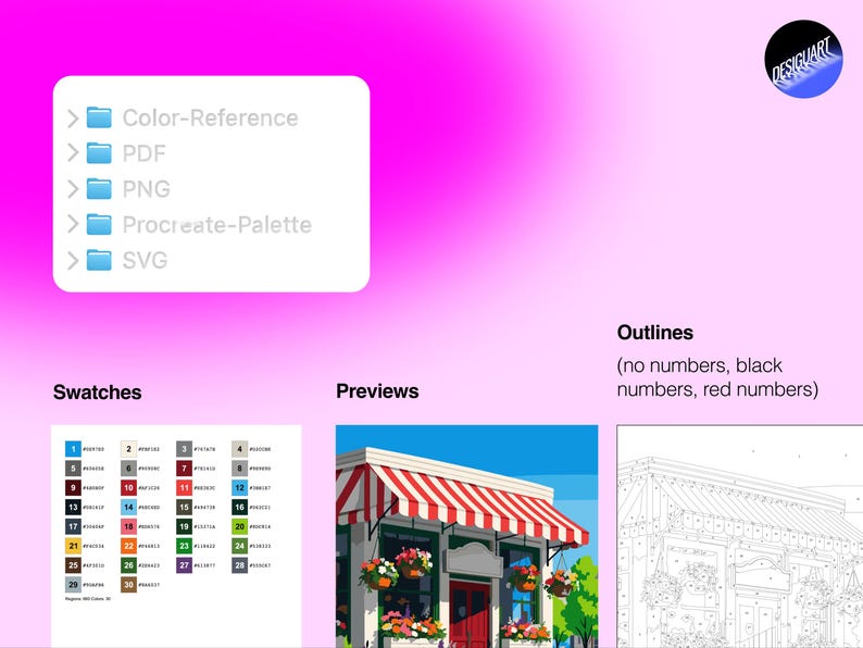 May include: A digital file set on a pink gradient background featuring a file list with Color-Reference, PDF, PNG, Procreate-Palette, and SVG folders. Below are color swatches, a preview of a shop with a red striped awning, and an outline drawing.