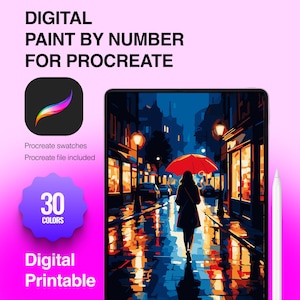 May include: A digital paint by number set for Procreate featuring a tablet displaying a street scene with a person holding a red umbrella under streetlights. The text reads DIGITAL PAINT BY NUMBER FOR PROCREATE, 30 COLORS, and Digital Printable.