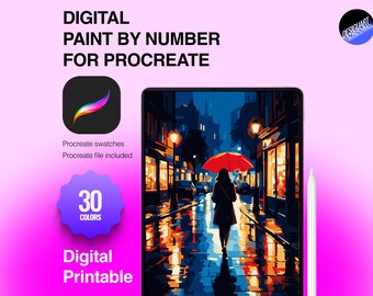 May include: A digital paint by number set for Procreate featuring a tablet displaying a street scene with a person holding a red umbrella under streetlights. The text reads DIGITAL PAINT BY NUMBER FOR PROCREATE, 30 COLORS, and Digital Printable.