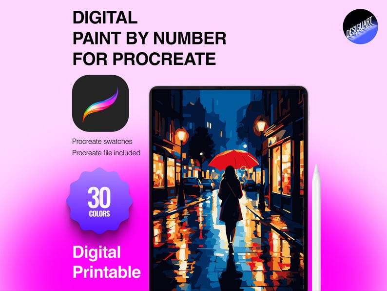 May include: A digital paint by number set for Procreate featuring a tablet displaying a street scene with a person holding a red umbrella under streetlights. The text reads DIGITAL PAINT BY NUMBER FOR PROCREATE, 30 COLORS, and Digital Printable.