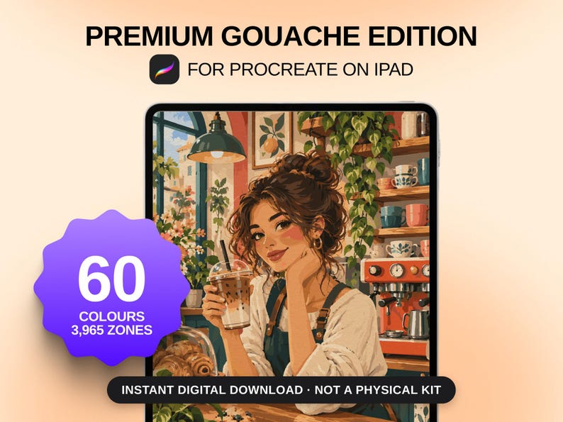 May include: A digital art set titled PREMIUM GOUACHE EDITION FOR PROCREATE ON IPAD featuring an illustration of a person holding an iced coffee in a cafe. A purple starburst graphic displays 60 COLOURS 3,965 ZONES. Text reads INSTANT DIGITAL DOWNLOAD NOT A PHYSICAL KIT.