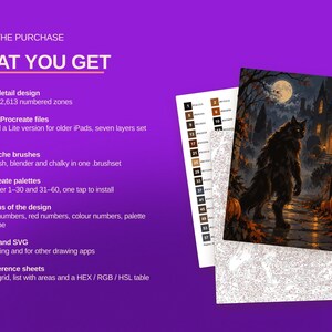 May include: A digital painting kit featuring a werewolf in a moonlit forest with pumpkins and a gothic house. The text includes INSIDE THE PURCHASE, WHAT YOU GET, and lists files, brushes, palettes, and reference sheets for Procreate and printing.