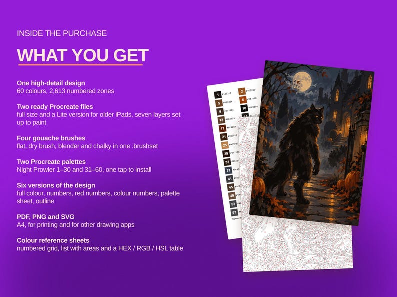 May include: A digital painting kit featuring a werewolf in a moonlit forest with pumpkins and a gothic house. The text includes INSIDE THE PURCHASE, WHAT YOU GET, and lists files, brushes, palettes, and reference sheets for Procreate and printing.