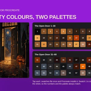 Op de afbeelding: Een digitale kleurenpalettenset voor Procreate genaamd Sixty Colours, Two Palettes. Het bevat een illustratie van een donkere deuropening met een raaf en pompoenen, naast twee genummerde rasters met zestig verschillende kleurstalen in bruin- en grijstinten.