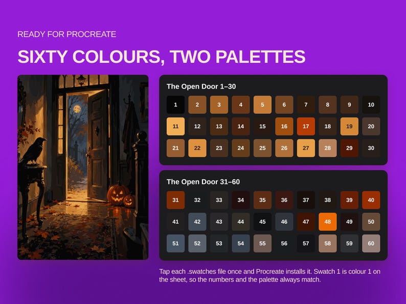 Op de afbeelding: Een digitale kleurenpalettenset voor Procreate genaamd Sixty Colours, Two Palettes. Het bevat een illustratie van een donkere deuropening met een raaf en pompoenen, naast twee genummerde rasters met zestig verschillende kleurstalen in bruin- en grijstinten.